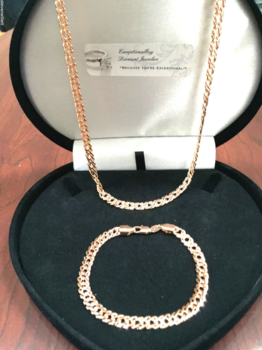 MENS WOMENS 18K ROSE GOLD CLAD NECKLACE + BONUS  BRACELET SZ 7.5 INCH SZ 26 INCH - Picture 1 of 8