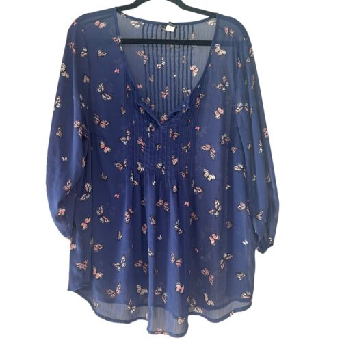 Torrid Bluse Schmetterlingsmuster Biesen Plissee transparent blau gerafft 3/4 Ärmel XXL