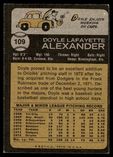 1973 Topps Doyle Alexander Baltimore Orioles #109 - Picture 2 of 2