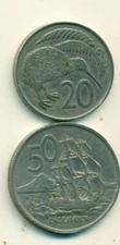 2 COINS from NEW ZEALAND - 20 CENT w/ KIWI BIRD & 50 CENT w/ SHIP (BOTH 1967)