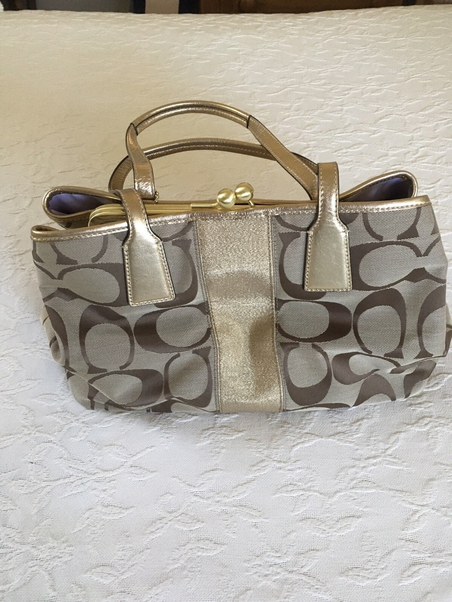 COACH Gold & Tan Signature Handbag Purse w/ Center Clasp Closure