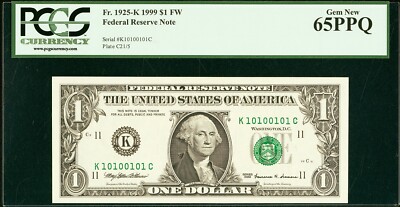 True Binary Radar Fancy Serial Number 10100101 1999 $1 Dallas PCGS 65 PPQ