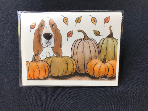 Basset Hound Fall Pumpkin Patch Greeting Card Handmade Autumn Dog Notecard - Picture 5 of 12