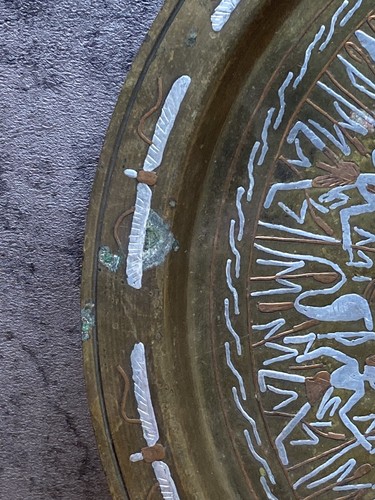 Vintage handgefertigte Ägypten Kairo Ware Silber Intarsien Messing Tablett / Art Pr 13" Tablett - Bild 2 von 7