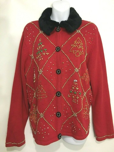 Ugly Christmas Sweater L Red Cardigan Designers Originals Studio Joy - Picture 1 of 5