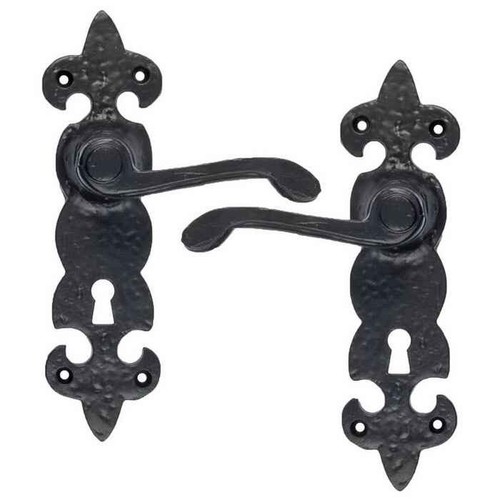 Maniglie porta piastra posteriore Lever On Fleur De Lys nero antico blocco in ferro vittoriano - Foto 5 di 5