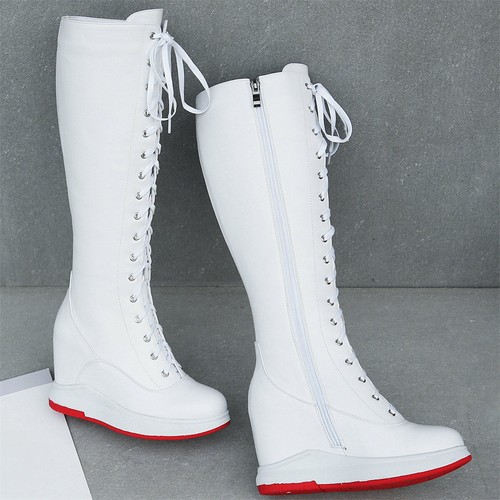 Women's Cow Leather Wedges Thigh High Boots Lace Up High Heel Fashion Sneakers - Picture 8 of 25