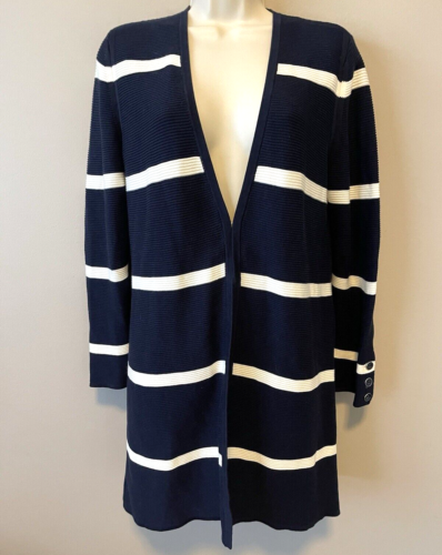 TALBOTS Size Mp Ribbed Open Cardigan Sweater Navy/White Long Sleeve Cotton Blend