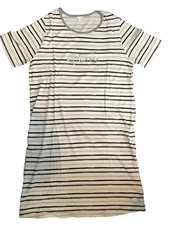 Ladies White  Grey Striped Nightdress 10 - 12 Short sleeves Cotton Nightwear