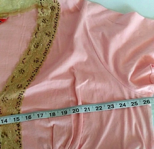 Women's Plus Blouse Short Sleeve Pink V Neck With Beaded Sequin Accent - Picture 14 of 16