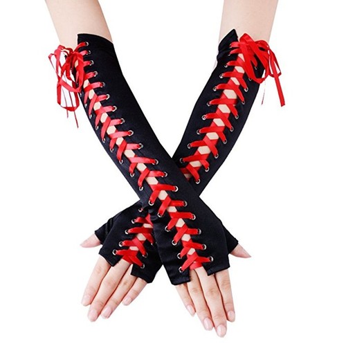 Women's Sexy Elbow Length Fingerless Lace Up Arm Warmer Long Lace Punk Gloves - Picture 10 of 22