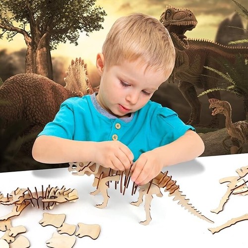 3D Wooden Dinosaur Puzzle - 6 Piece Set Wood Dinosaur Skeleton Model Puzzle - Picture 6 of 6