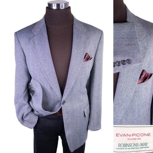 Evan Picone Blue Herringbone Wool Blend Two Button Two Piece Suit Size: 42R - Picture 1 of 14