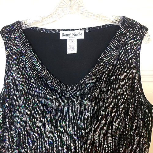 Y2K 90s Top Size L Ronni Nicole Slinky Sparkly Stretch Knit Drape Cowl Neck Tank - Picture 2 of 10