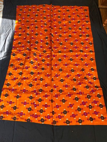 Antique Orange Silk Shawl Embroidered Scarf Wrap Mirrorwork Black Damask Border - Picture 3 of 13