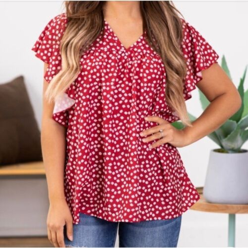 Flutter Sleeve Top Red White Polka Dot Blouse V Neck Casual Size Unknown - Picture 2 of 4