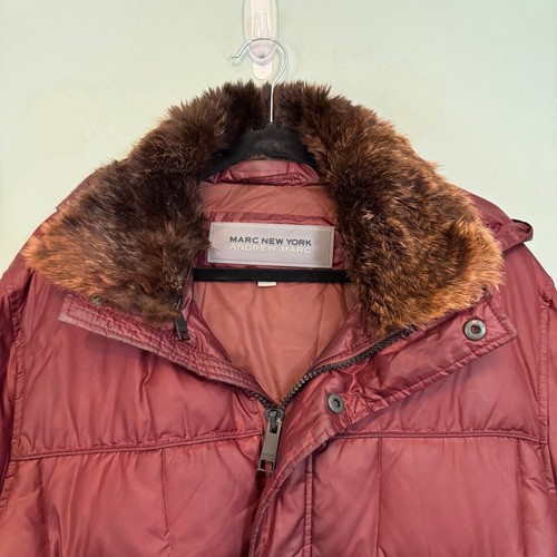 Andrew Marc NY Jacket Men's Large Red Puffer Fur Collar Hooded Down Waterfowl  - Picture 3 of 14