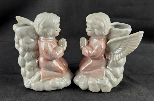 Vintage Pair (2) Ceramic Praying Cherub 5" Kneeling Praying Angels Candle Holder - Picture 2 of 9