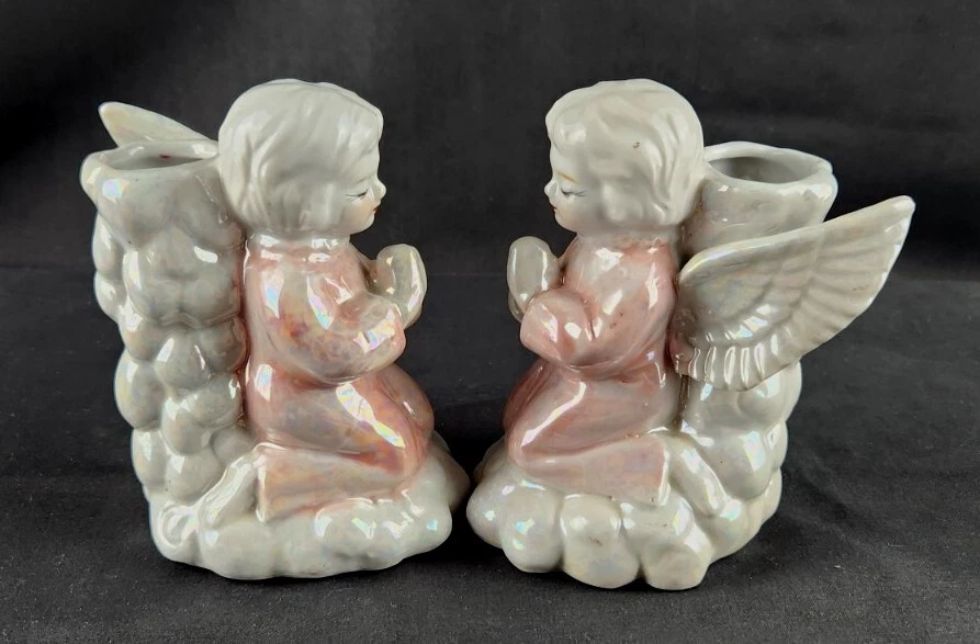 Vintage Pair (2) Ceramic Praying Cherub 5" Kneeling Praying Angels Candle Holder - Image 2 of 4