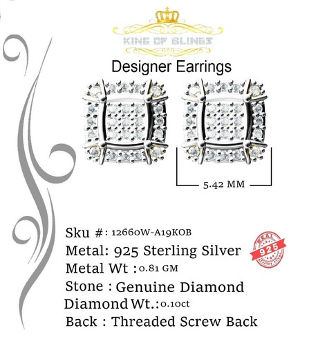 Pendiente cuadrado blanco de plata de ley 925 con diamantes de 0,10 quilates para hombre/mujer - Imagen 11 de 12
