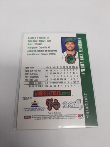 Tarjeta autografiada en persona de los Orioles de Baltimore Norfolk Tide 2019 de Jack Reinheimer - Imagen 2 de 2