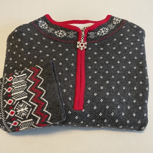 BRECKENRIDGE SZ L Cotton Sweater Fair Isle Dark Gray Red Trim Snowflake 1/4 Zip  - Picture 1 of 11