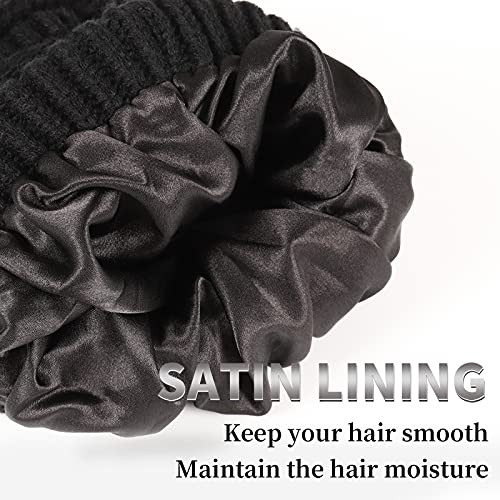 Womens Satin Lined Winter Beanie Cable Knit Beanie for Women Silk Classic-black - Picture 2 of 6