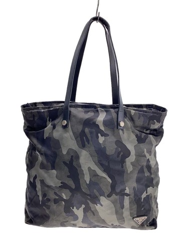 PRADA Tote Bag Nylon Green Camouflage VA0883 Medium Pocket Holes Damage Used