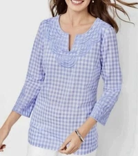 Talbots Women’s Medium Lavender Gingham Tunic Embroidered 3/4 Sleeves EUC