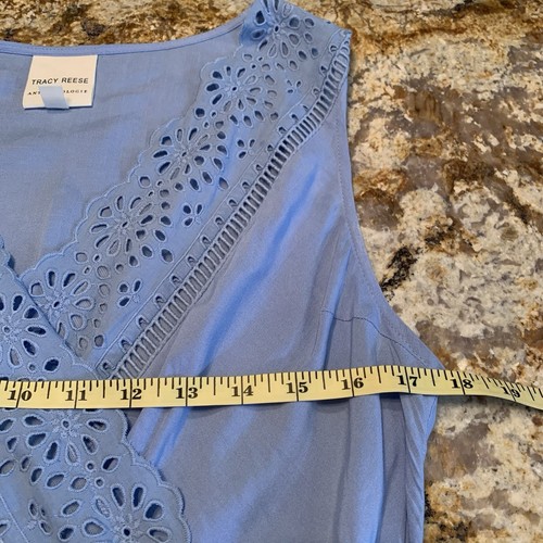 Vestido midi Tracy Reese X Anthropologie azul ojales crochet talla S pequeño usado en excelente estado - Imagen 6 de 8