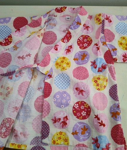 Japanese Girls Jinbei Pink Floral Top Only Pattern with Circles/Goldfish - Picture 12 of 15