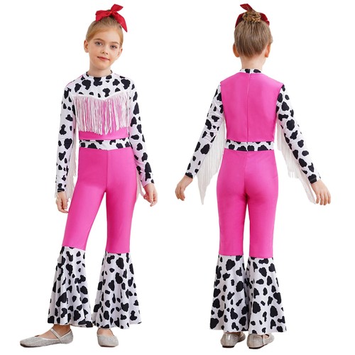 Kids Jumpsuit Themed Party Bodysuit Disco Costume Cow Print Fringe Flared Doll - Picture 4 of 51