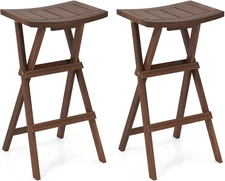 Folding Wooden Bar Stools Set of 2, 30-Inch Height Backless Saddle Stools with F