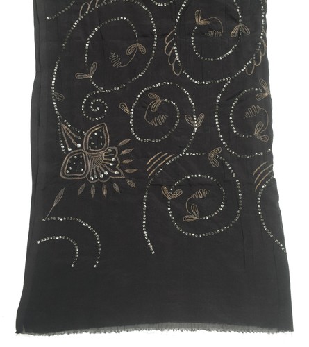 Sushila Vintage Black Zari Embroidered Scrap Dupatta Silk Floral Long Stole Wrap - Picture 8 of 10