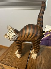 VINTAGE PRETTY HANDMADE FOLK ART WOODEN CAT STATUE WITH FREE SHIPPING