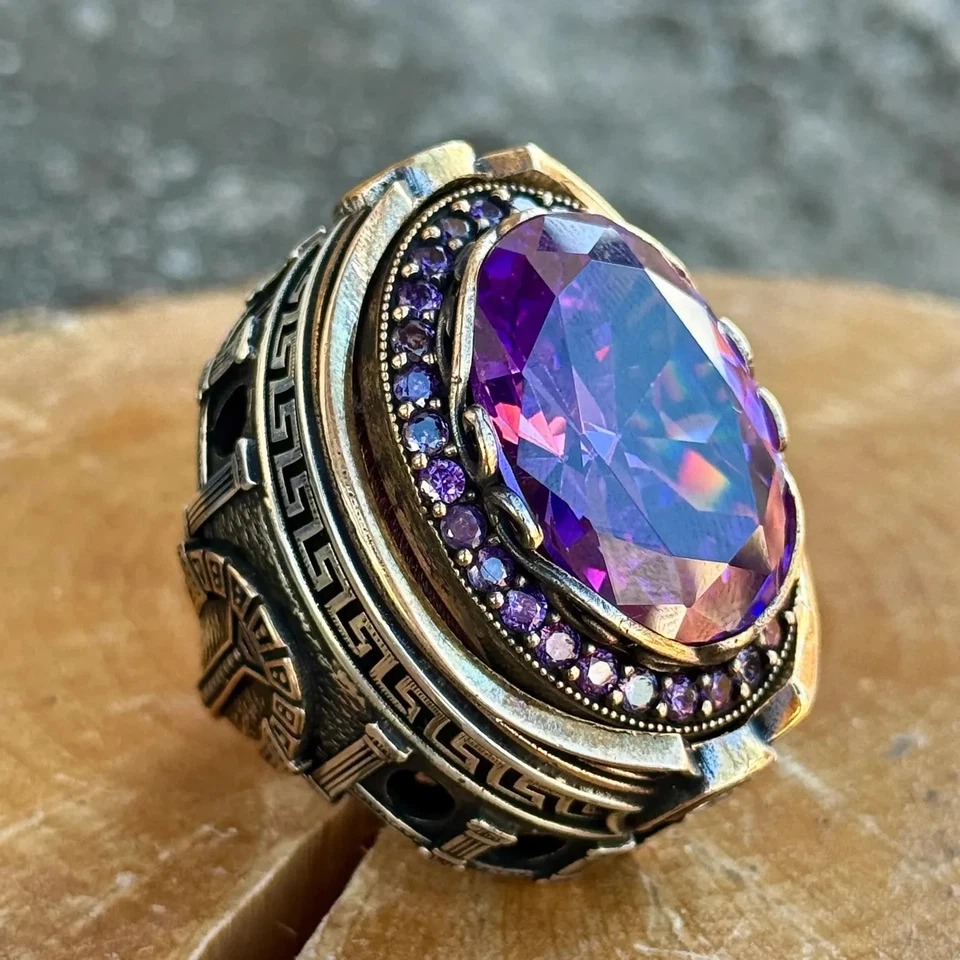 Anillo grande de amatista de plata 925, anillo de amatista púrpura natural profundo para hombre Foto 4 de 4