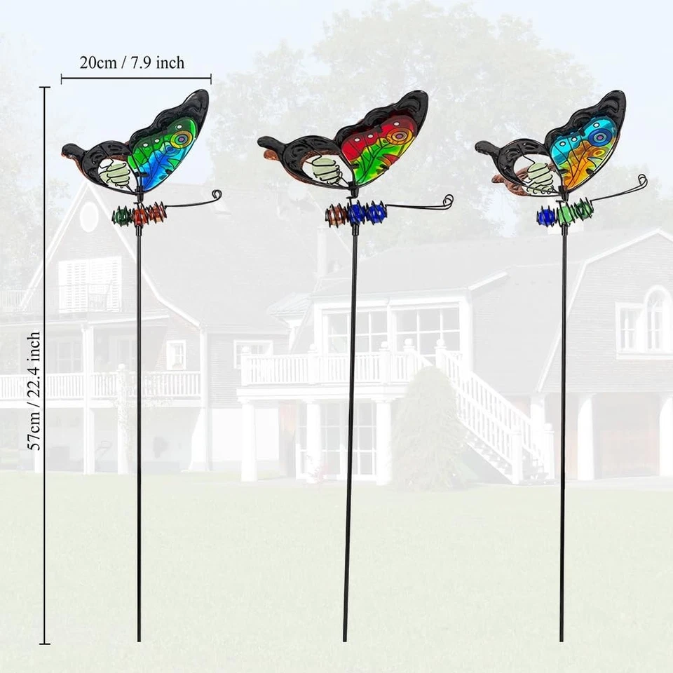 Mariposa Decoración Jardín para Exterior, Pack de 3 Estacas Jardín Vidrieras Decorativas Foto 4 de 4