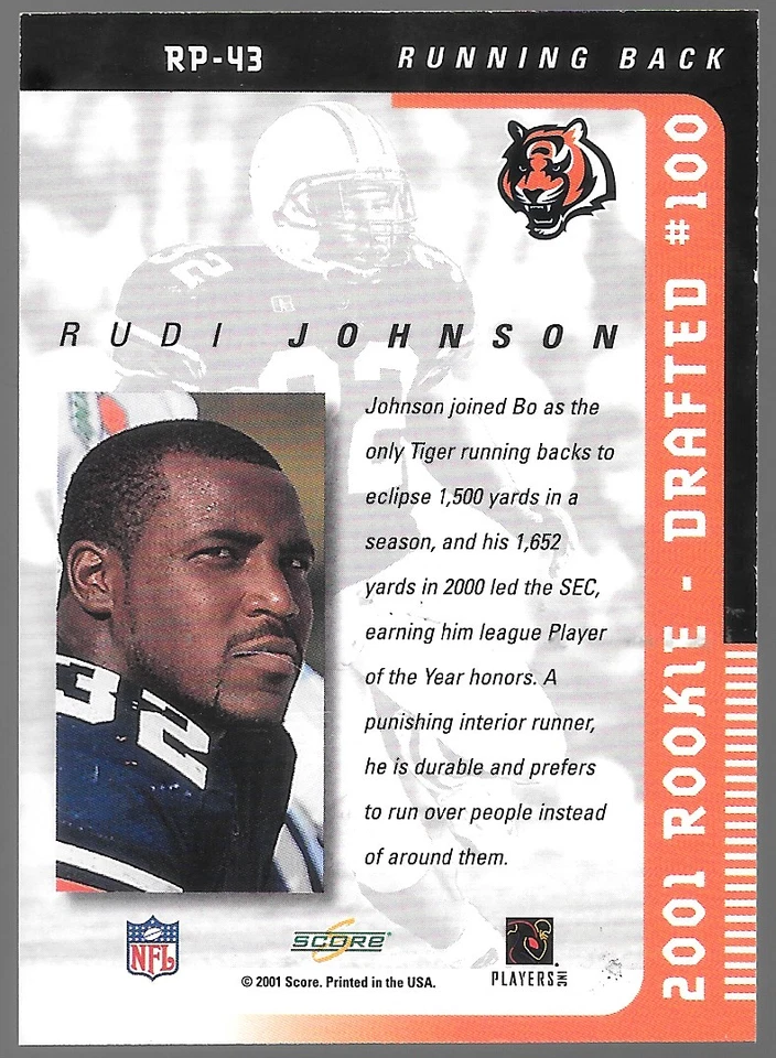 2001 Score Select Rookie Preview Auto Rudi Johnson #RP-43 Auto RC - Image 2 of 2