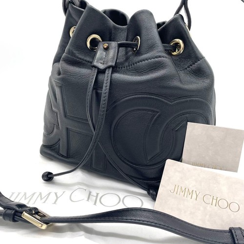 JIMMY CHOO Leather Drawstring Crossbody Shoulder Bag Black with Gold Hardware