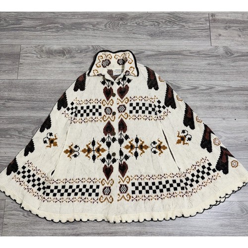 VTG 70s Poncho Sturbridge Acrylic Sweater Knit Collared Cape Hearts Checks - Picture 2 of 15