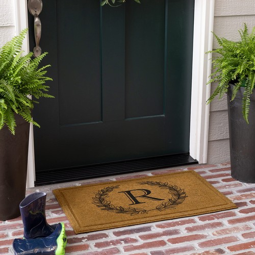 Entryway Door Mat Laurel Monogram Letter R 1'6" x 2'6" Faux Coir Doormat All ...