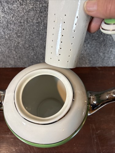 De colección~Hall McCormick~Tetera con Infusor~Rayas Verde Platino Blanco - Imagen 4 de 7