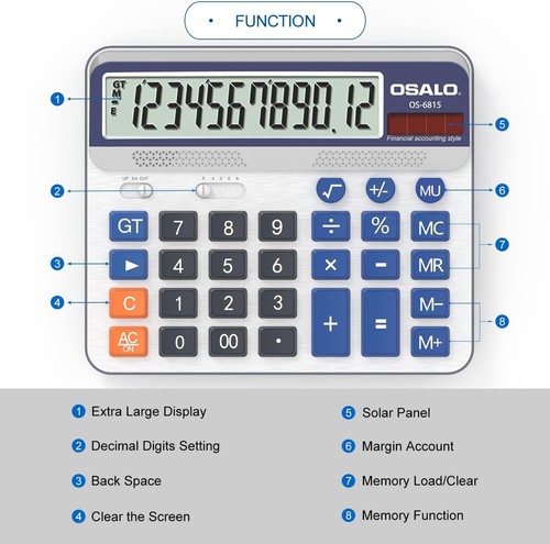 Desktop Calculator Extra Large 5In LCD Display 12-Digit Big Button Gia - Picture 5 of 8