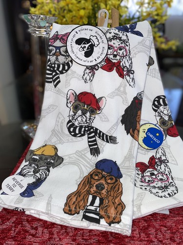 Kitchen Towels Set Of 2 dish hand Happy Dogs Paris French Bulldog 18x28 - Picture 1 of 5