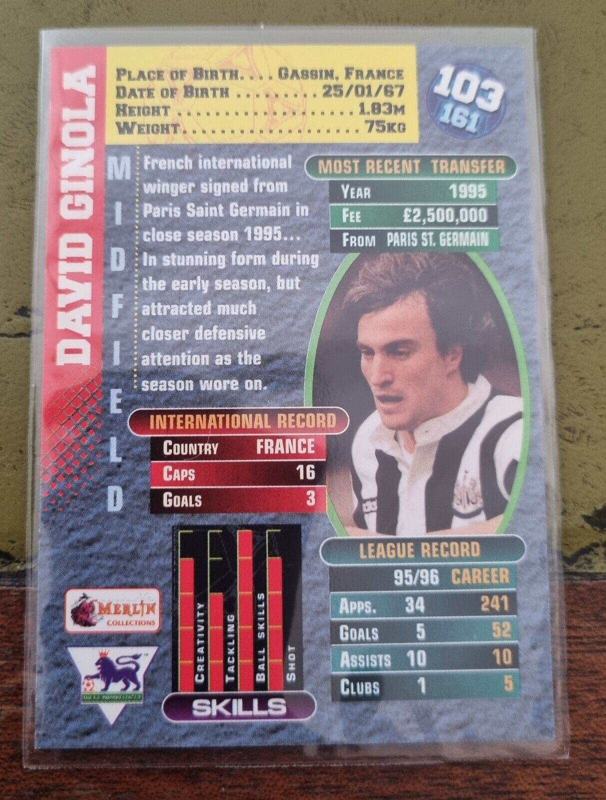 *DAVID GINOLA* Premier Gold Card 103/161 1996/97 MERLIN Premier League MINT - Picture 2 of 3