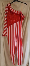 4XL Ladies Candy Stripe Red White Sequined Pom-Pom Trim One Shoulder Jumpsuit