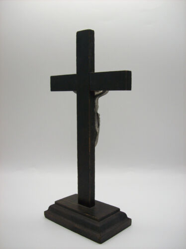 Vintage TISCHPLATTE Kruzifix ALTAR Kreuz Holz Metall Jesus religiös INRI Alter - Bild 4 von 23