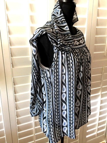 BOB MACKIE WEARABLE ART BLOUSE SIZE M BLUE/MULTI PRINT SHEER WITH ATTACH SHELL - Picture 5 of 8
