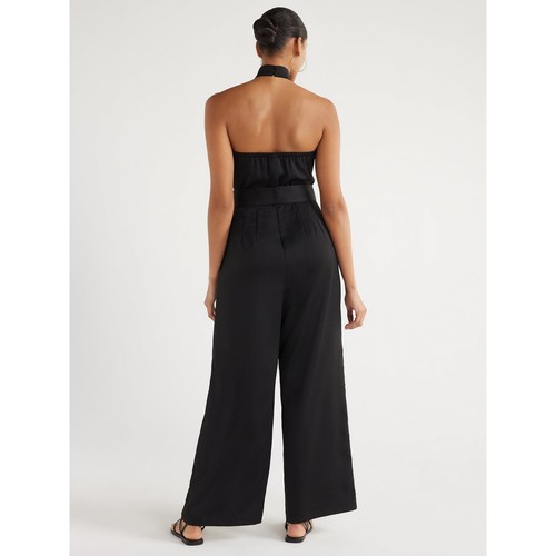 Scoop Wrap Halter Satin Classic Fit Jumpsuit Women's Size L Black Polyester - Picture 3 of 4