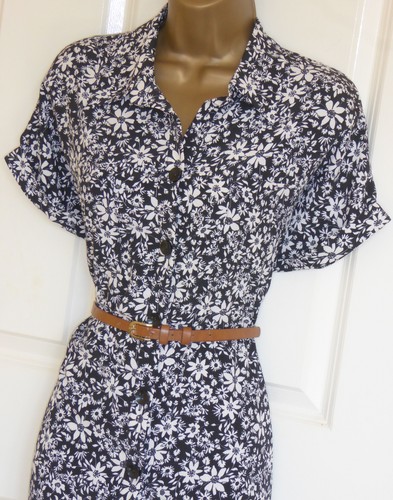 Black / Navy white floral vintage WW2 40s 50s midi tie shirt tea day dress 18 16 - Picture 2 of 6